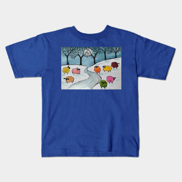 Quirky Colourful Sheep in the Snow Kids T-Shirt by Casimirasquirkyart